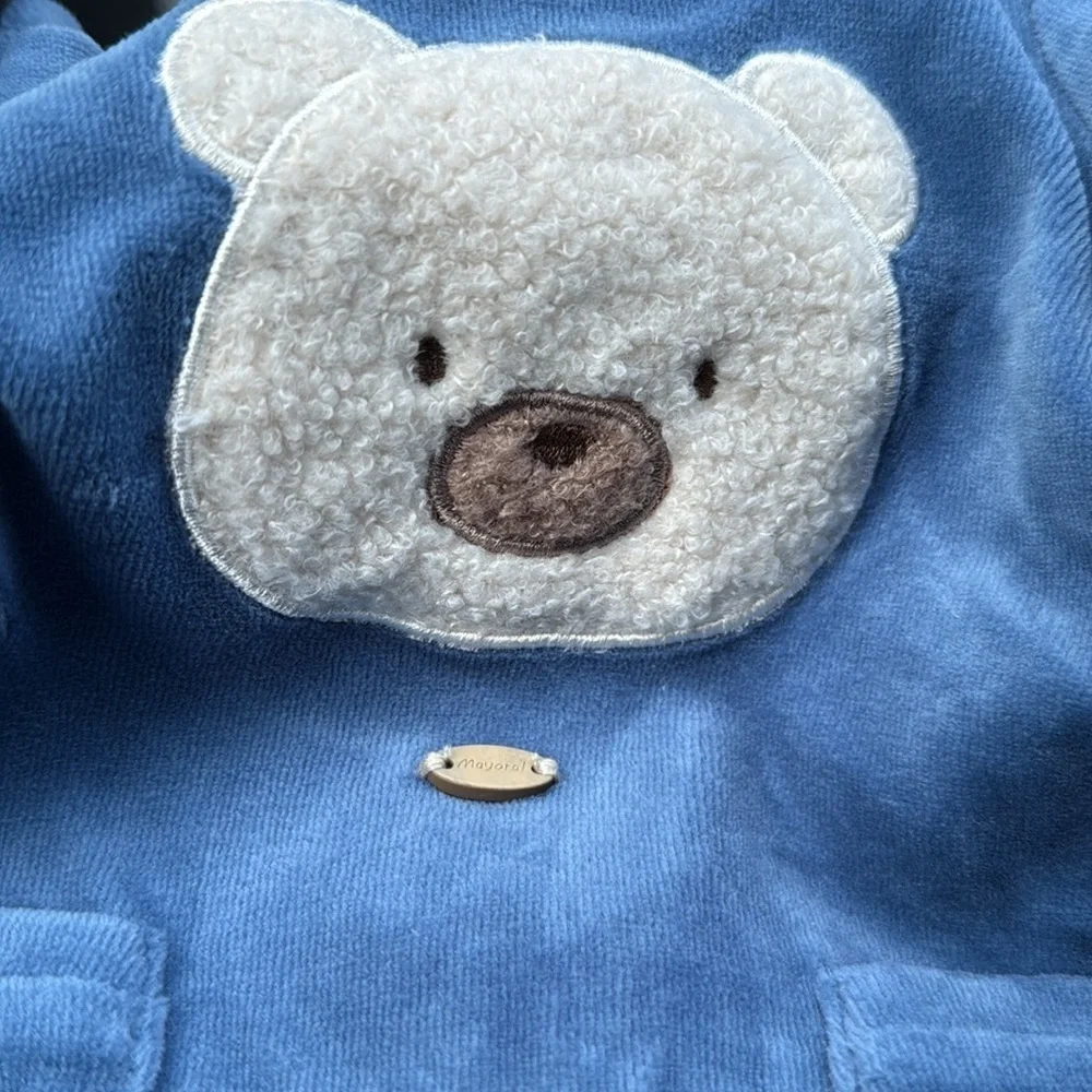NEW Mayoral Blue Bear velour Footie One Piece button back boys newborn